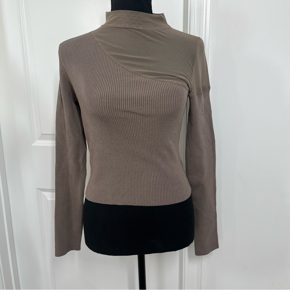 Promise the Label Sheer Mesh Long Sleeve Ribbed Knit Top Sz S Brown